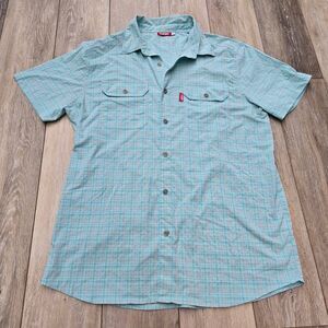 Men's DEEP Brand plaid quick dry fishing button shirt stretch size med blue stre